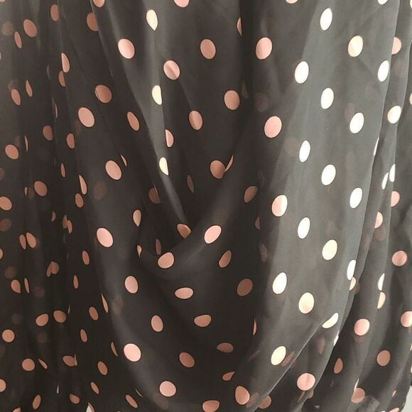 Bisou Bisou Black Pink Polka Dot Flowy Shawl Collar V- Neck Blouse Size M - Picture 7 of 9